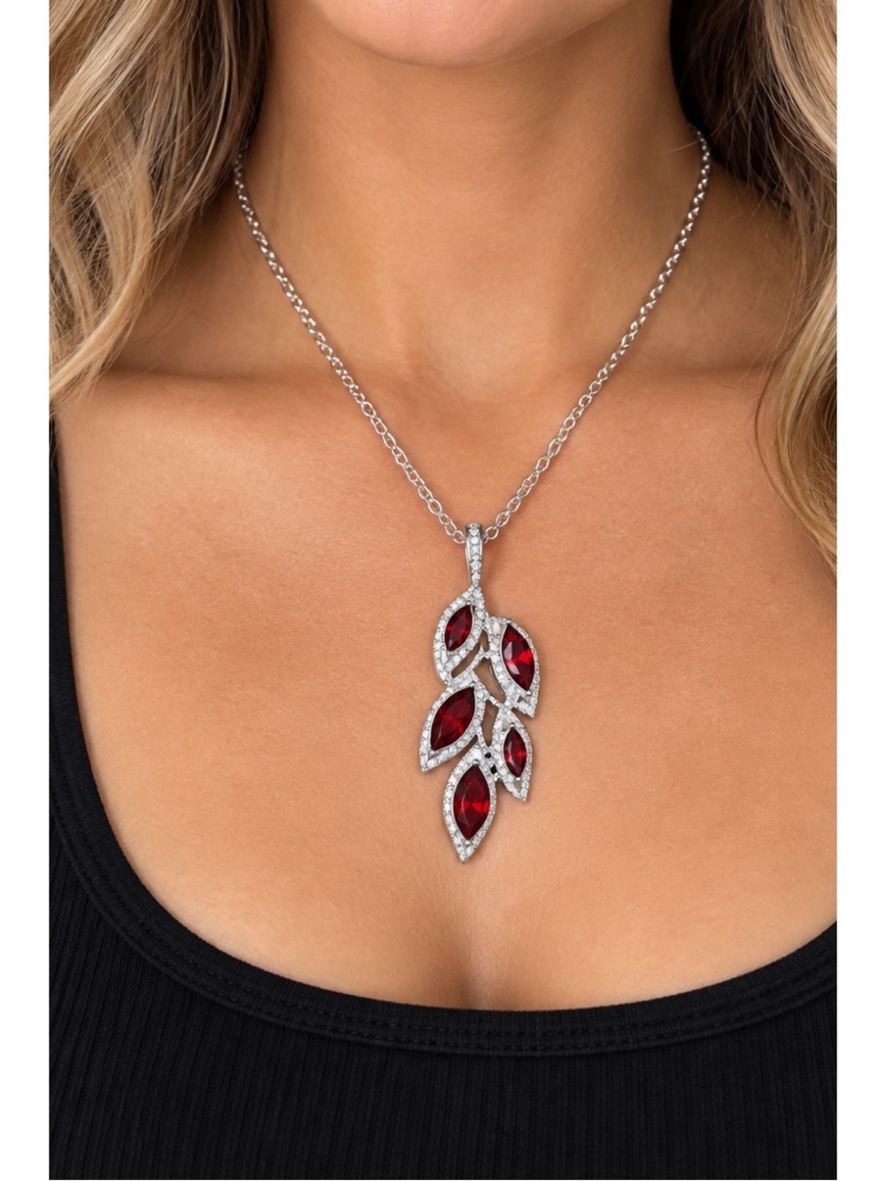 New in box Avon Vintage SAQ Silver Tone and Faux Ruby Rhinestone Leaf Necklace